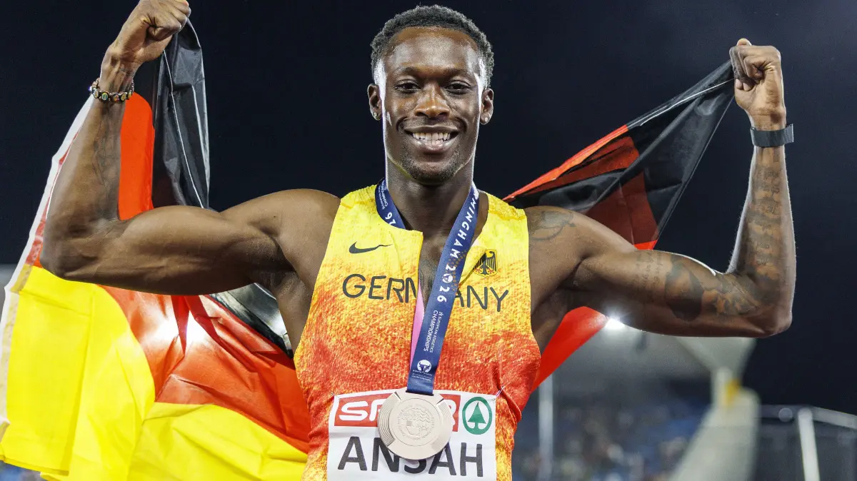 European Athletics Championships; Birmingham, 11.08.2026: BIRMINGHAM, GREAT BRITAIN - AUGUST 11, 2026 : Owen ANSAH GER / Germany wins Bronze in the 100m final during the European Athletics Championships at Alexander Stadium on August 11, 2026 in Birmingham, Great Britain. Great Britain Copyright: xAxelxKohringx