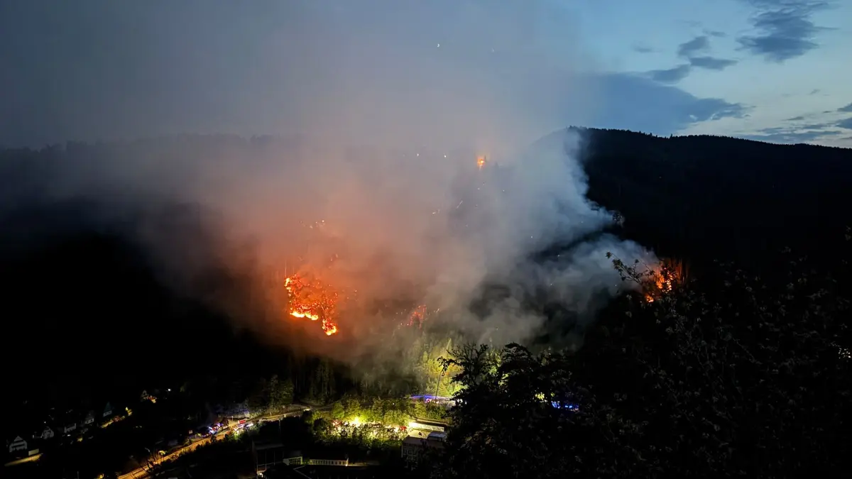 Acht Hektar Wald stehen laut Feuerwehr am Abend in Flammen,
