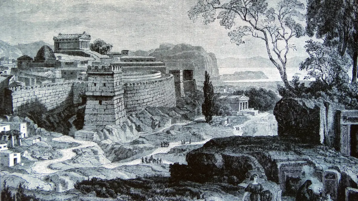 Künstlerische Rekonstruktion der antiken griechischen Festungsstadt von Mykene (19. Jahrhundert).K