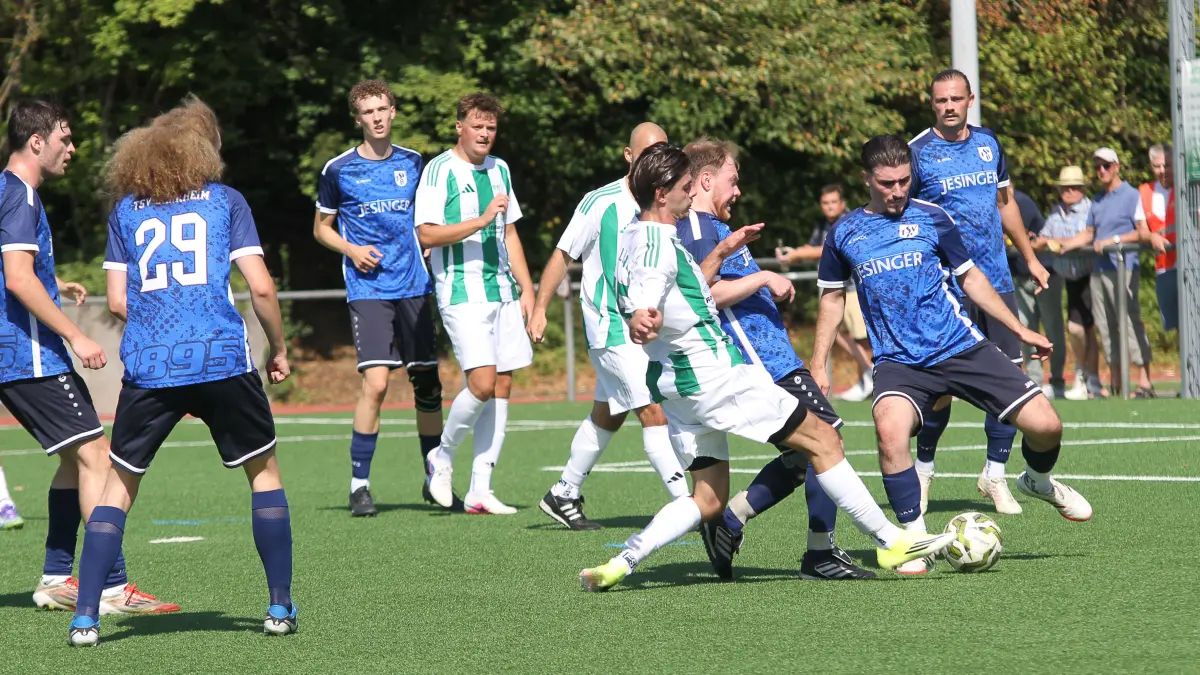 Die Berkheimer Valentino Patricelli (rechts) und Benjamin Storz versuchen, Nellingen Meriton Elezaj vom Ball zu trennen. Dabei haben sie viele Beobachter.
