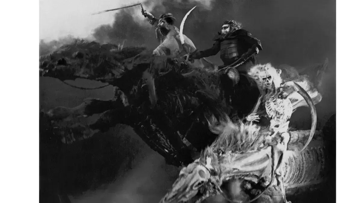 Szene mit den apokalyptischen Reitern aus dem deutschen Stummfilm „Faust: A German Folk Legend“ aus dem Jahr 1926.