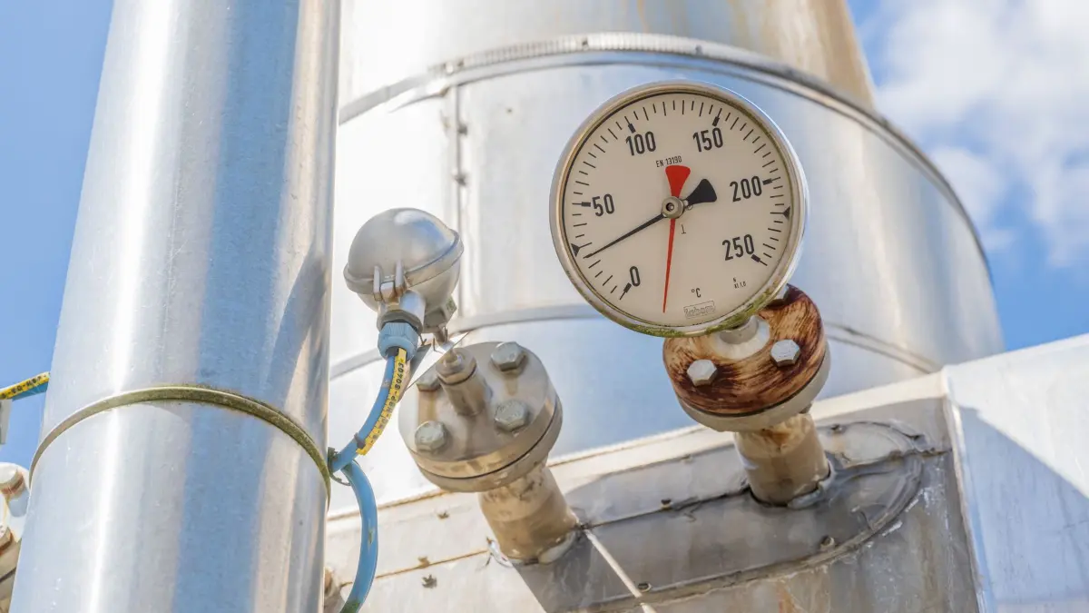 Gasspeicher: ARCHIV - 23.06.2022, Bayern, Wolfersberg: Ein Anzeige für Temperatur ist in der Anlage des Gasspeicher Wolfersberg, östlich von München, an einem der vielen Rohre zu sehen. (zu dpa: «Niedrige Füllstände: Grüne fordern Gas-Krisengipfel») Foto: Peter Kneffel/dpa +++ dpa-Bildfunk +++