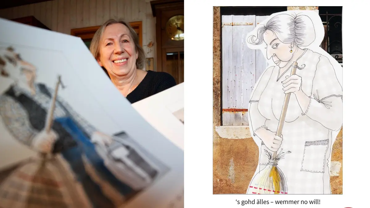 Illustratorin Gisela Pfohl mit ihrem schwäbischen Kalender "oms nomgugga"