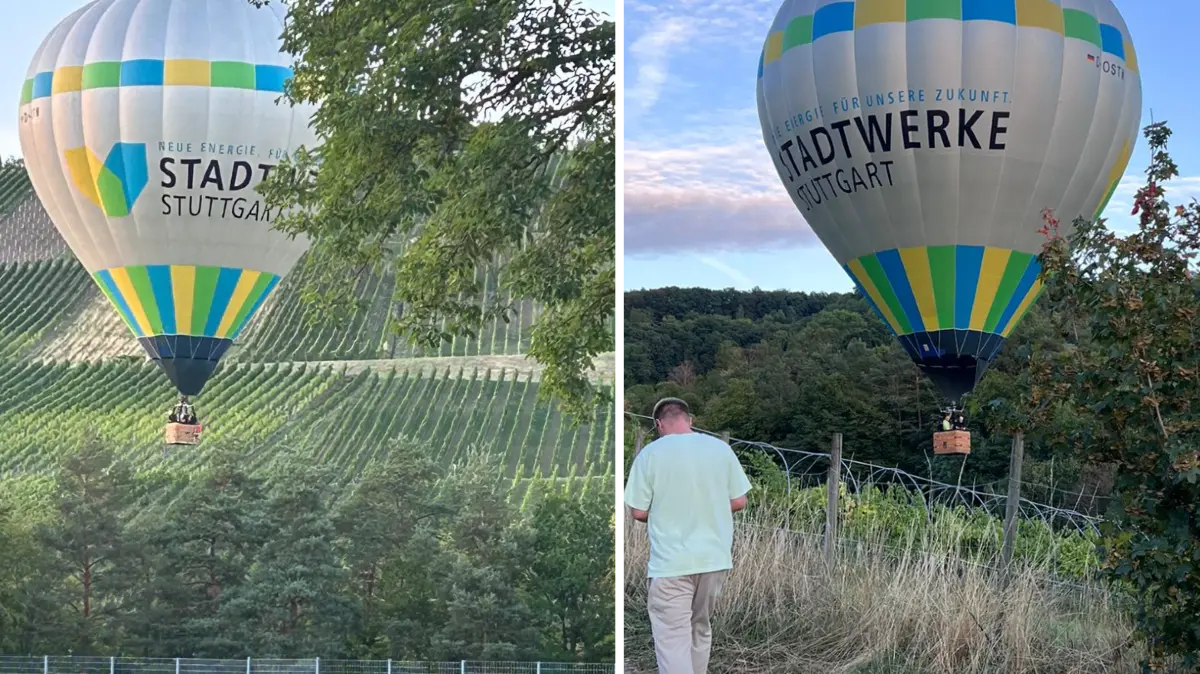 Der Heißluftballon schwebt über Uhlbach, allerdings in geringer Höhe.