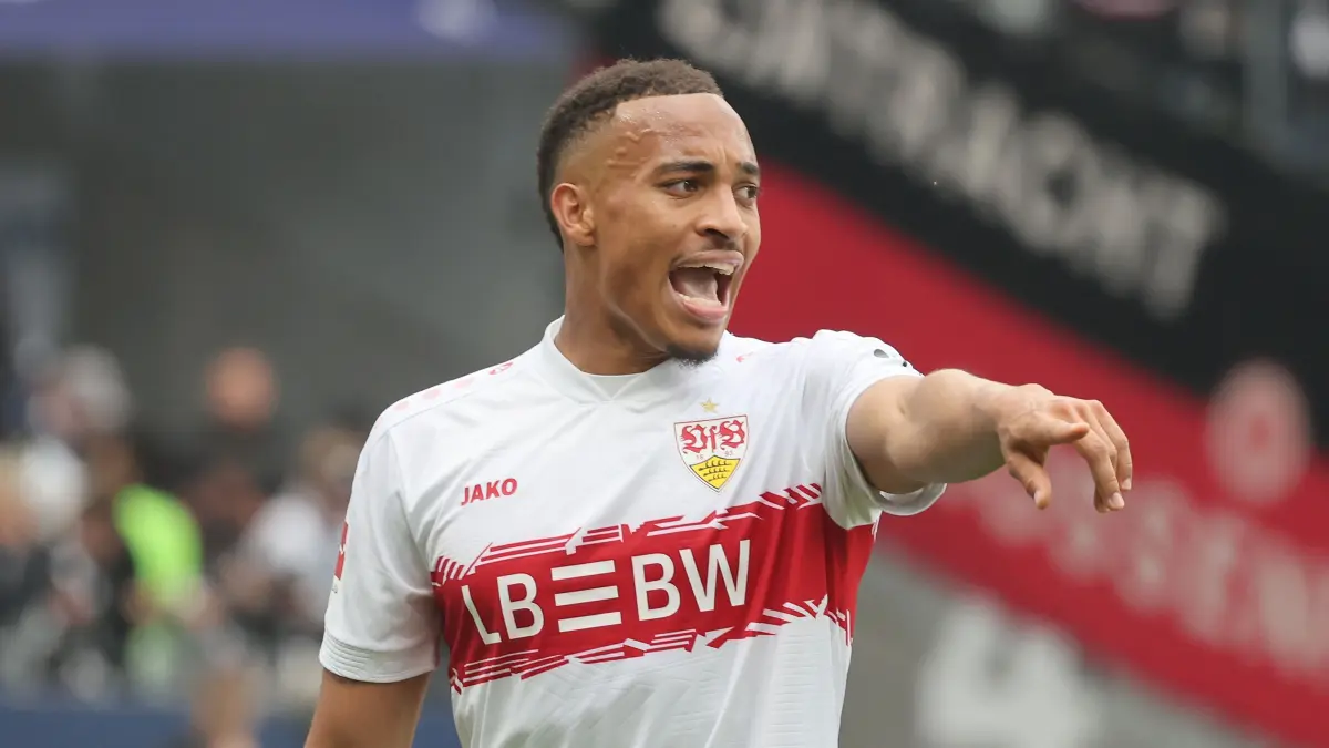 BAU // Frankfurt , Fußball Bundesliga Fußball Eintracht Frankfurt vs. VfB Stuttgart , Jamie Leweling ( VfB )