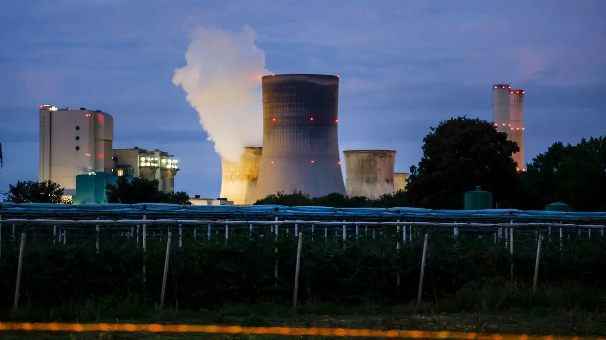 Dampf steigt aus dem RWE Power AG Kraftwerk Niederaußem in den morgendlichen Himmel auf.