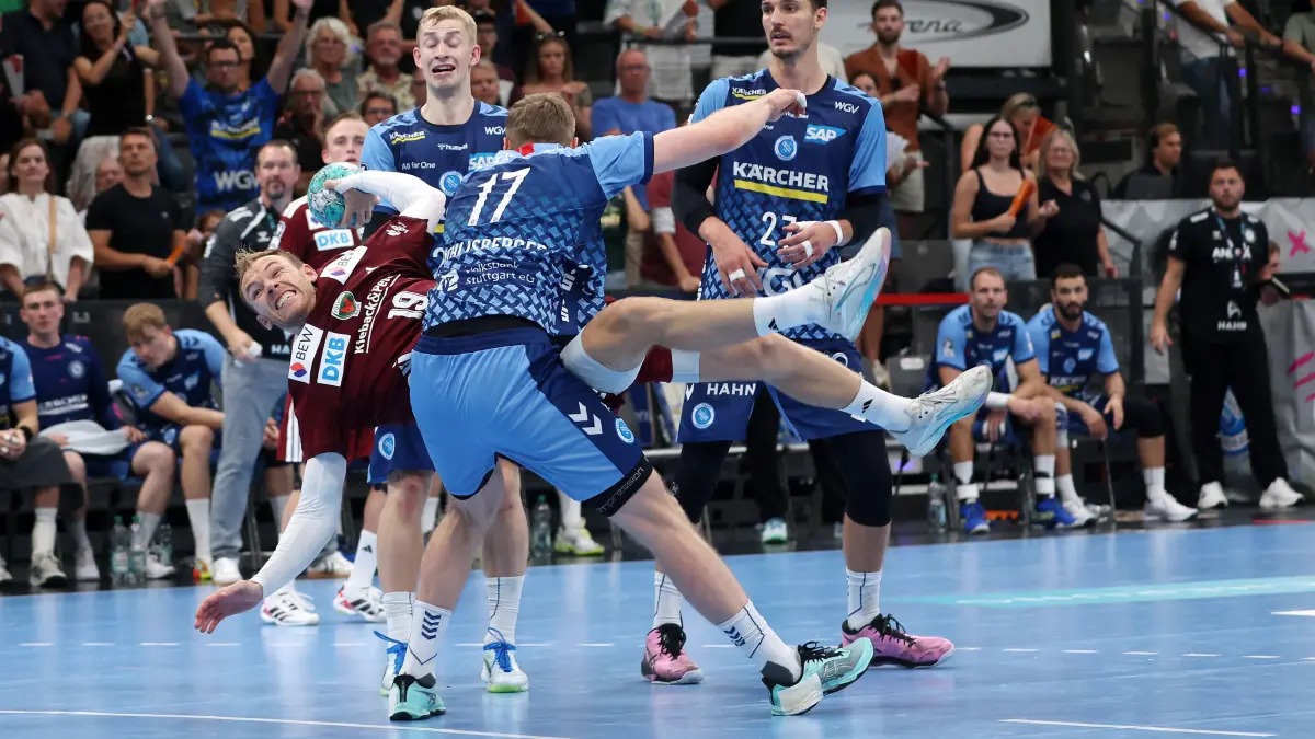 Handball TVB Stuttgart vs. Füchse Berlin: 2026.09.06, Deutschland, Stuttgart, Handball TVB Stuttgart vs. Füchse Berlin, v.l. Torben Matzken TVB, Mathias Gidsel Berlin, Samuel Röthlisberger TVB, Philipp Meyer Berlin *** September 6, 2026, Germany, Stuttgart, Handball: TVB Stuttgart vs. Füchse Berlin from left: Torben Matzken TVB, Mathias Gidsel Berlin, Samuel Röthlisberger TVB, Philipp Meyer Berlin