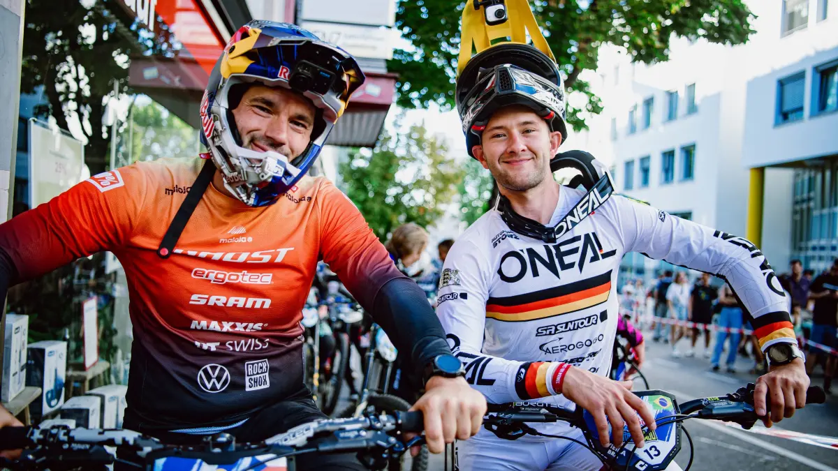 Tomas Slavik and Douglas Vieira pose for a picture during the Red Bull Cerro Abajo in Stuttgart, Germany on 05.09.2026 // Marcel Lämmerhirt / Red Bull Content Pool // SI202609060004 // Usage for editorial use only //
