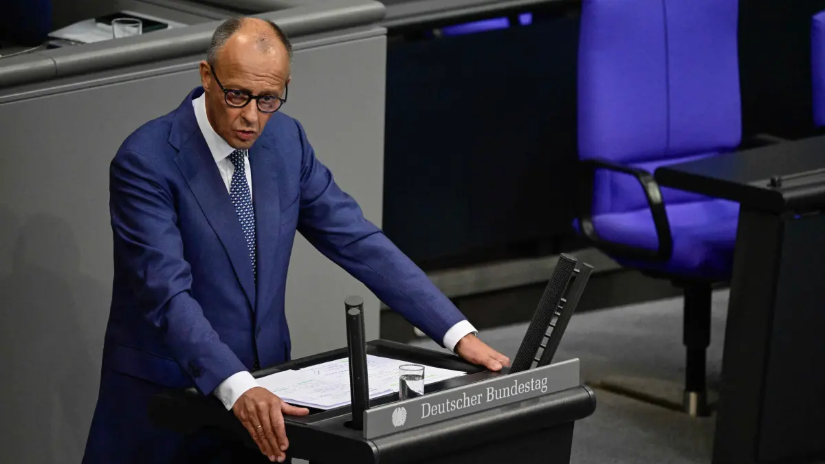GERMANY-POLITICS-BUDGET: German Chancellor Friedrich Merz delivers a his speech on the 2027 Budget bill at the Bundestag, the lower house of parliament, in Berlin, on September 9, 2026. (Photo by John MACDOUGALL / AFP)
