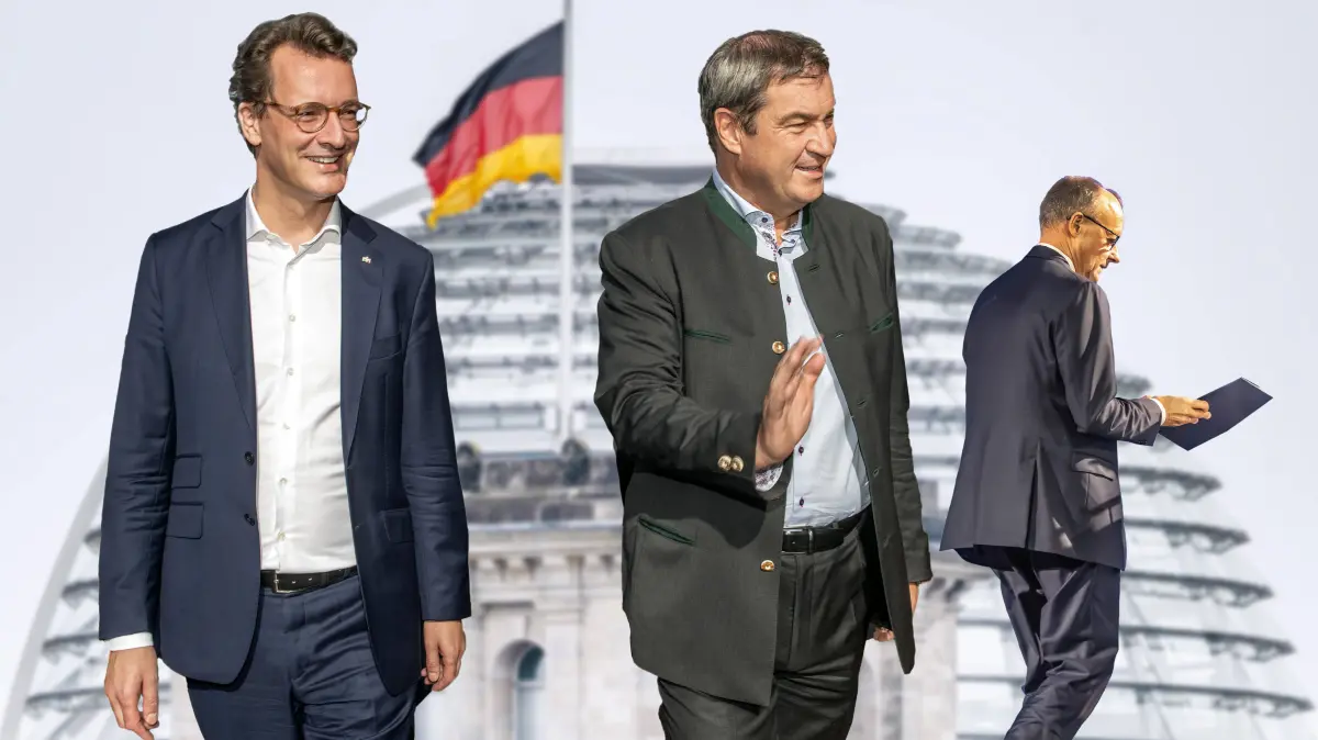 Bundeskanzler Friedrich Merz steht nach den CDU-Wahlniederlagen unter Druck. Hendrik Wüst und Markus Söder werden schon als mögliche Nachfolger gehandelt (Fotomontage)