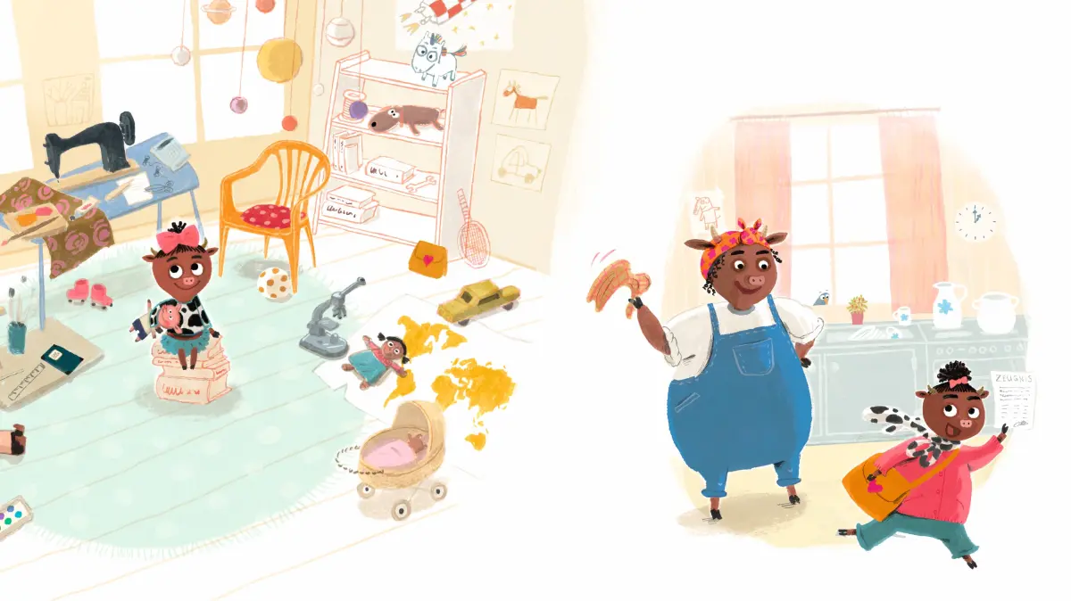 Ella weiß, was sie nach der Schule will: Bei den wirklich schlauen Tieren studieren. Seite aus "Ella, die schlaue Kuh", dem neuen Buch von Marc-Uwe Kling. Illustriert hat es Astrid Henn.