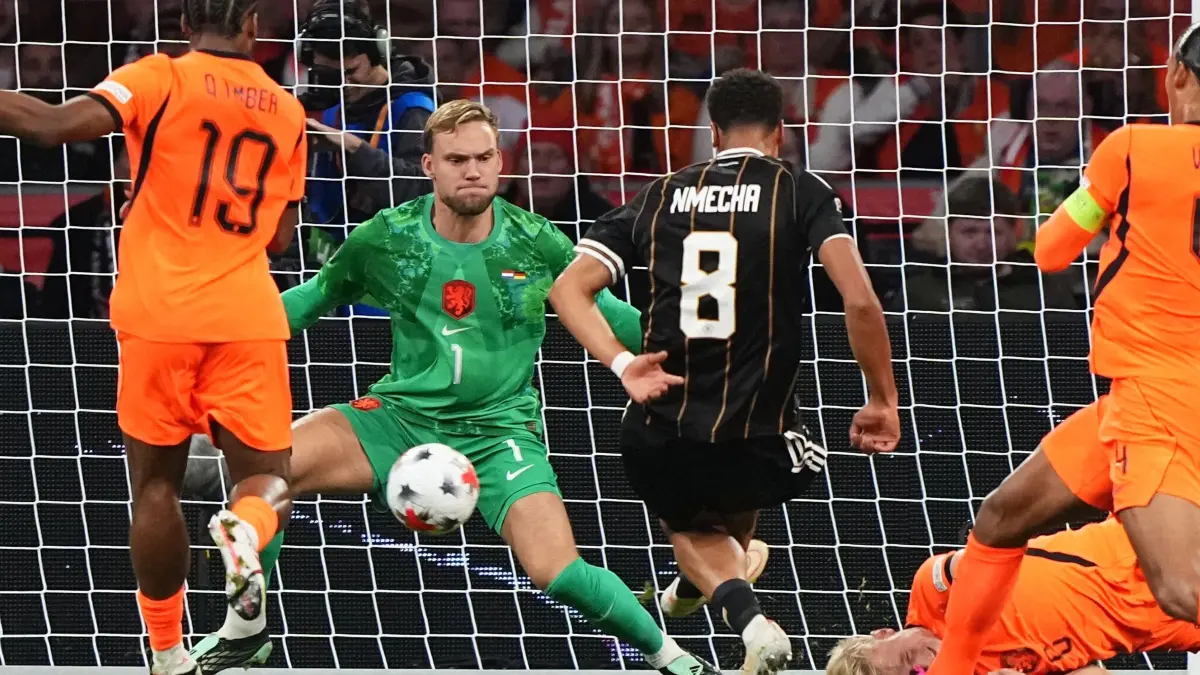 Niederlande - Deutschland: Fußball, Männer: Nations League A, Niederlande - Deutschland, Gruppenphase, Gruppe 2, Spieltag 1, Johan Cruyff ArenA, Der Deutsche Felix Nmecha erzielt das 0:1. (zu dpa: «DFB-Tor eine «Schande?» Klopp und Kimmich kontern van Dijk»)