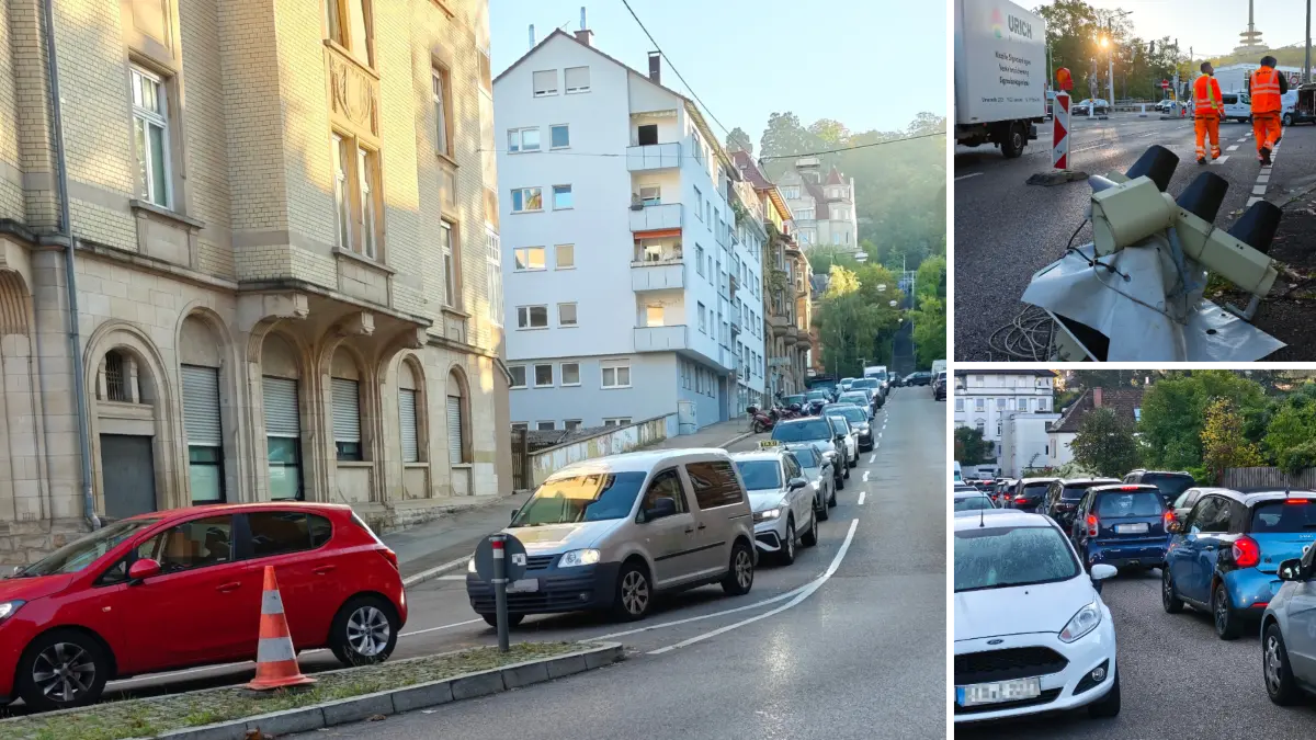 In der Stafflenbergstraße (links) und in der Dobelstraße (rechts) staute sich der Verkehr. Auslöser war die stadtauswärtige Sperrung der Jahnstraße zwischen den Haltestellen Payerstraße und Ruhbank.