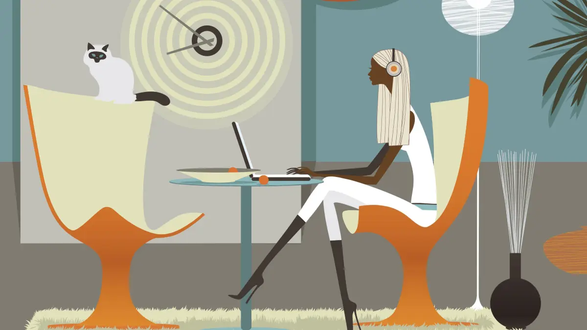 Frau hört Musik am Laptop in stylishem Interieur PUBLICATIONxINxGERxSUIxAUTxONLY Copyright: xVladaxKraminax 30930042