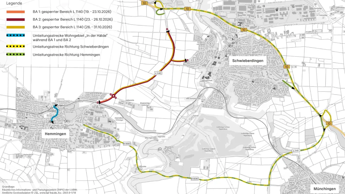 Die Sanierung der Landesstraße L1140 zwischen Hemmingen und Schwieberdingen erfolgt in drei Bauabschnitten.