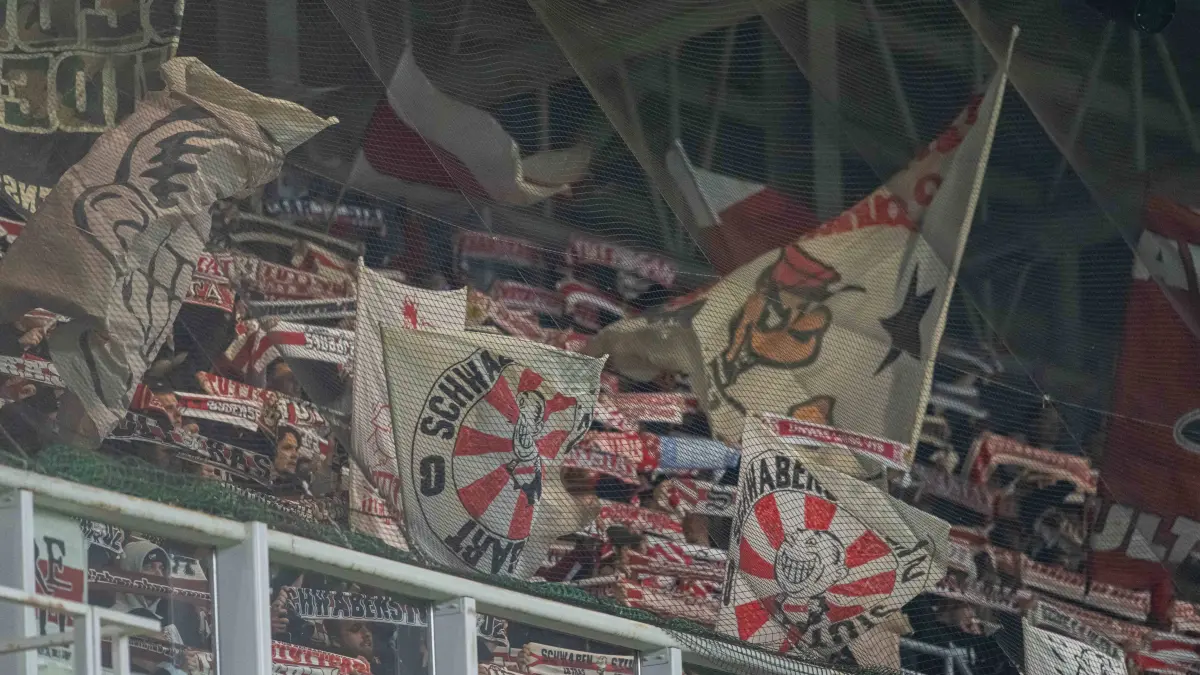 VFB Stuttgart fans with a flags during UEFA Champions league match , SK Slovan Bratislava - VFB Stuttgart , 14. october : VFB Stuttgart fans with a flags during UEFA Champions league match , SK Slovan Bratislava - VFB Stuttgart , 14. october 2026, Tehelne pole Stadium, Bratislava, Slovakia Copyright: xMICHALxFAJT,ZOSPORTU.SKx MAJ_0827