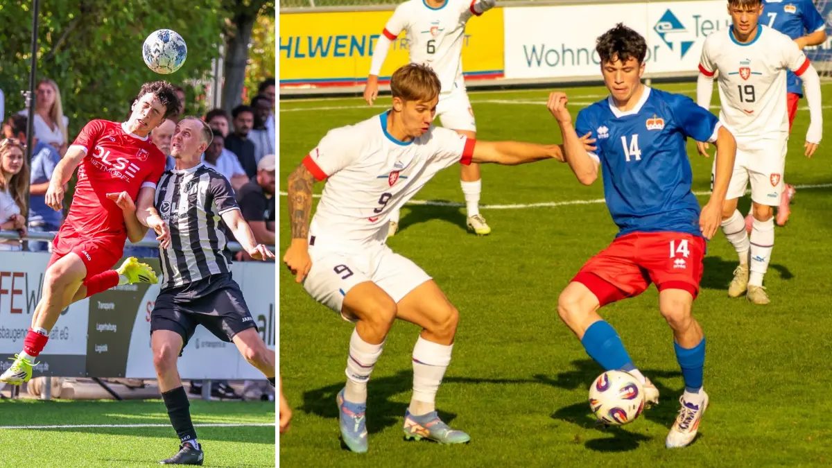 Bruno Poitner trägt normalerweise das rote Trikot des Verbandsligisten SV Fellbach (linkes Bild), war zuletzt aber auch für die A-Nationalmannschaft Liechtensteins in Blau-Rot am Ball.