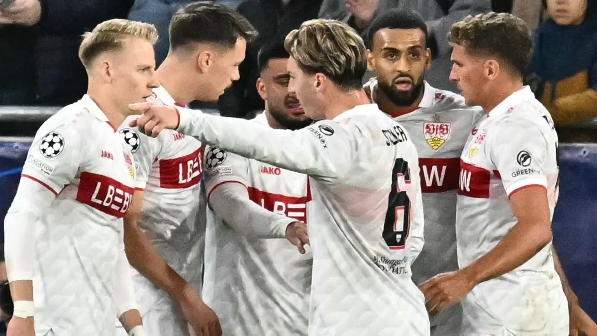 Football: UEFA Champions League - 1st round day 2: Slovan Bratislava (SVK) v VfB Stuttgart (GER): Stuttgart's German forward #26 Deniz Undav celebrates scoring his team's first goal with his team mates during the UEFA Champions League - 1st round day 2 - football match SK Slovan Bratislava v VfB Stuttgart in Bratislava, Slovakia on October 14, 2026. (Photo by Joe Klamar / AFP)