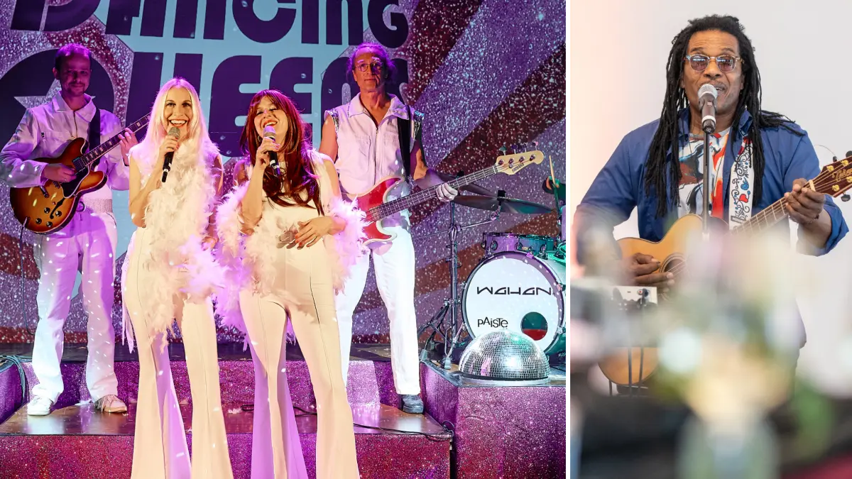 Die Abba-Tribute-Band "Dancing Queens" und John Noville sorgen für beste Stimmung bei der Jubiläumsparty in der Schwabenlandhalle am Sonntag.