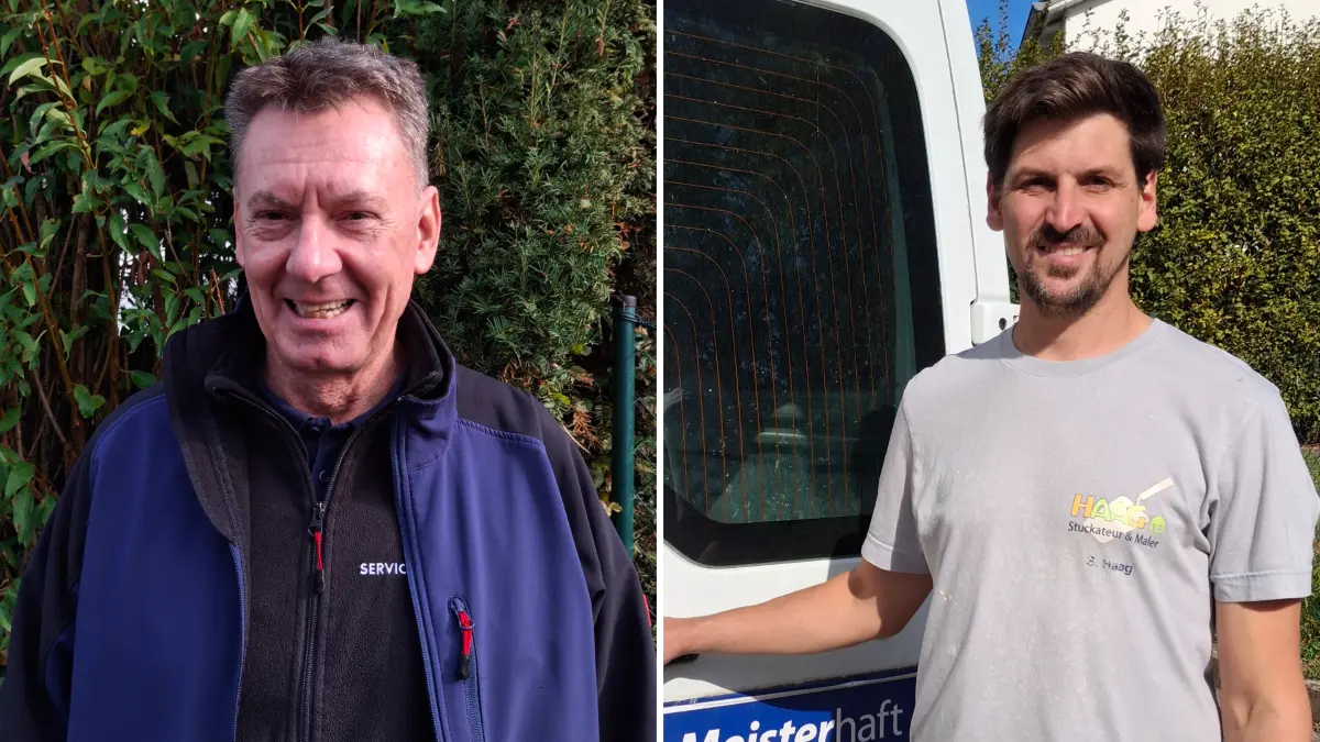 Handwerker Wochen nach Hagelschaden: links Hanns Daunquart, rechts Steffen Haag