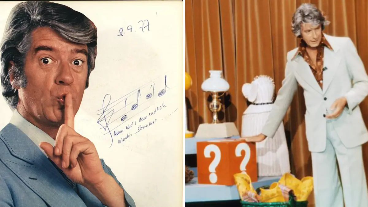Rudi Carells Eintrag im Gästebuch der Schwabenlandhalle vom 8. September 1977 sowie bei einer Show von "Am laufenden Band" mit dem legendären Fragezeichen.