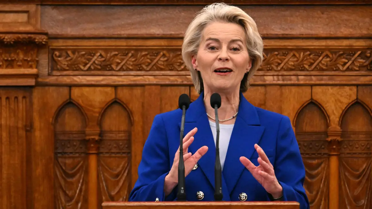 HUNGARY-POLITICS-HISTORY-ANNIVERSARY: European Commission President Ursula von der Leyen delivers a speech during a Commemorative Session to mark the 70th anniversary of the Hungarian Revolution of 1956, also known as the Hungarian Uprising against the Soviet communist regime, on October 23, 2026 at the Hungarian Parliament in Budapest. (Photo by Attila KISBENEDEK / AFP)