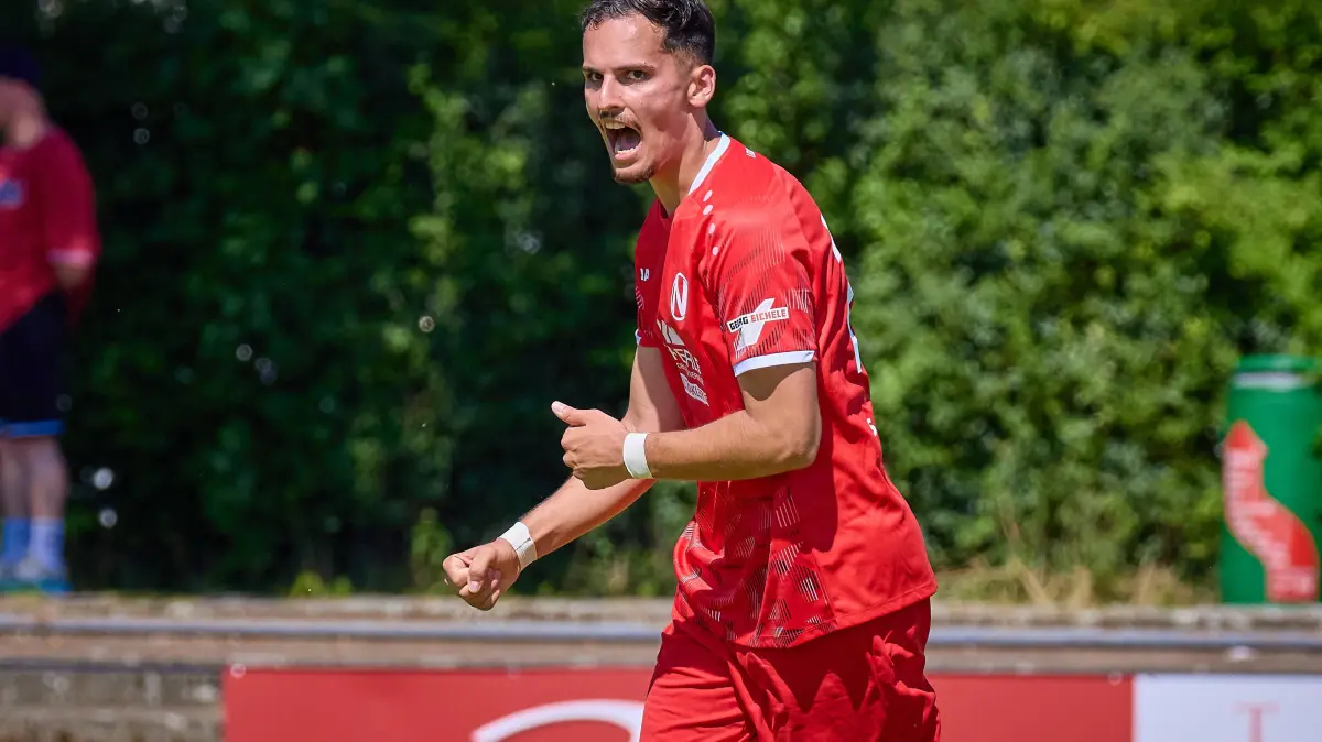 Freude, Jubel bei Bleart Dautaj 1. FC Normannia Gmuend, 27 ueber seinen Treffer / Tor zum 1:0 fuer den 1. FC Normannia Gmuend GER, 1. FC Normannia Gmuend vs. VfR Aalen, Fussball, Freundschaftsspiel, Herren, 11.07.2026 GER, 1. FC Normannia Gmuend vs. VfR Aalen, Fussball, Freundschaftsspiel, Herren, 11.07.2026 Schwaebisch Gmünd *** Joy and celebration for Bleart Dautaj of 1 FC Normannia Gmuend, 27, after scoring the 1-0 goal for 1 FC Normannia Gmuend GER, 1 FC Normannia Gmünd vs. VfR Aalen, soccer, friendly match, mens, July 11, 2026, GER, 1 FC Normannia Gmünd vs. VfR Aalen, soccer, friendly match, mens, July 11, 2026, Schwäbisch Gmünd Copyright: xEibner-Pressefoto/GeraldxOelze-dexStoppanyx EP_ODS