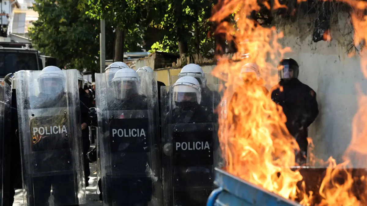 Clashes Erupt Across Tirana: October 24, 2026, Tirana, Albania: TIRANA, ALBANIA, OCTOBER 24, 2026: Demonstrators clash with riot police during an anti-government protest in central Tirana. Protesters throw stones, pyrotechnics and petrol bombs, while police use tear gas, water cannons and rubber bullets. The demonstrations call for Prime Minister Edi Ramas resignation, increased support for education and greater political accountability. Tirana Albania - ZUMAq101 20261024_zna_q101_363 Copyright: xVlasovxSulajx