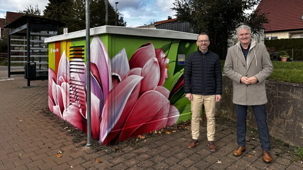Freuen sich über die neu gestaltete Trafostation in der Ergenzinger Straße in Bondorf (von links): Kevin Schlund (Regionalmanager Netze BW) und Bondorfs Bürgermeister Bernd Dürr.