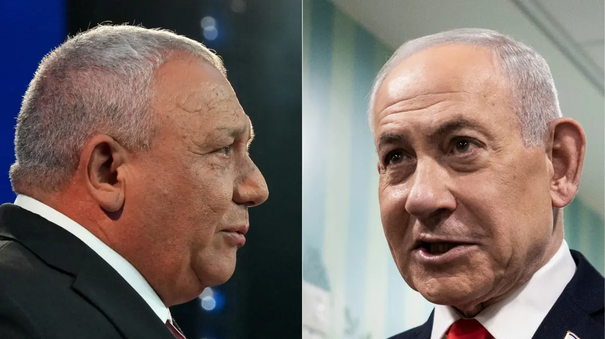 COMBO-ISRAEL-VOTE: (COMBO) This combination of pictures created on October 28, 2026, shows
Yashar party leader Gadi Eisenkot (L) addressing his supporters at the election night rally in Tel Aviv early on October 28, 2026, and Prime Minister Benjamin Netanyahu speaking to the media after voting in Jerusalem on October 27, 2026.. The camp of Prime Minister Benjamin Netanyahu was ahead of his rival's opposition bloc but still short of a majority on October 28 after 50 percent of votes were counted in Israel's pivotal general election. (Photo by Maya LEVIN and Jewel SAMAD / various sources / AFP)