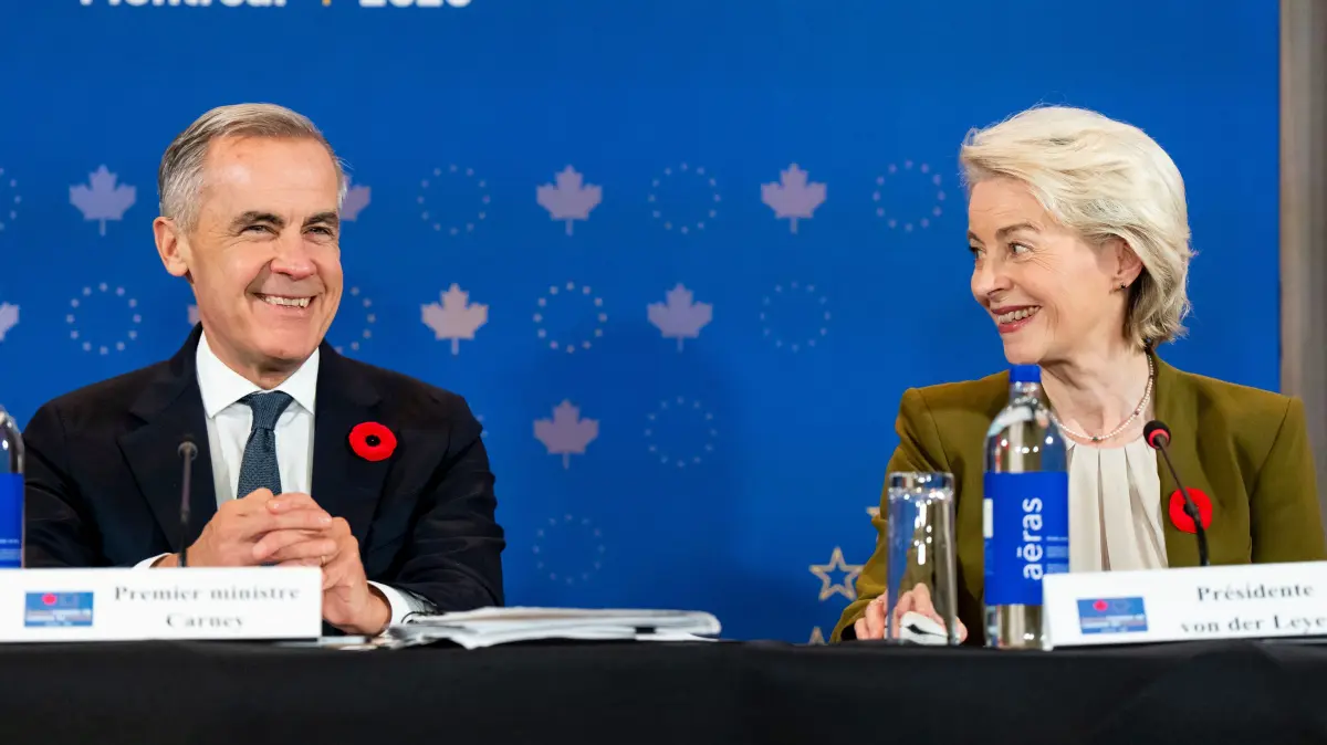 EU-Canada summit: (L/R) Canada's Prime Minister Mark Carney and President of the European Commission Ursula von der Leyen speak during a roundtable event with business leaders during the 21st EU-Canada summit in Montreal, Quebec, Canada on October 29, 2026. The EU and Canada want to bring their relationship to the "highest level possible" as they face a "world of growing rivalries," said Ursula von der Leyen, the 27-nation bloc's chief said Thursday ahead of a meeting with Canadian leader Mark Carney. Brussels and Ottawa are to lay the groundwork for an ever-closer partnership at a two-day summit in Montreal, as they navigate uncertain ties with the United States and China. (Photo by Christopher Katsarov / POOL / AFP)
